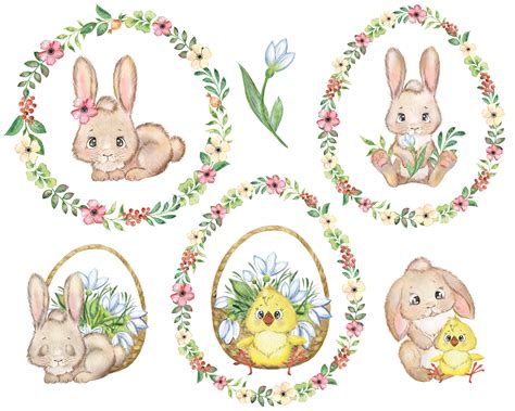 Watercolor Easter Bunny Clip Art Baby Happy Easter Set Flower Clipart