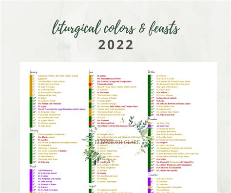 2022 Catholic Liturgical Calendar 1 Page Liturgical Color Etsy