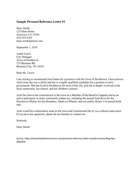 Sample Personal Reference Letter 1 Business City NY 54321 Dear Ms