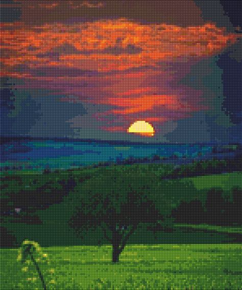 Fiery Sunset Cross Stitch Landscape Pattern Pdf Instant Etsy Cross