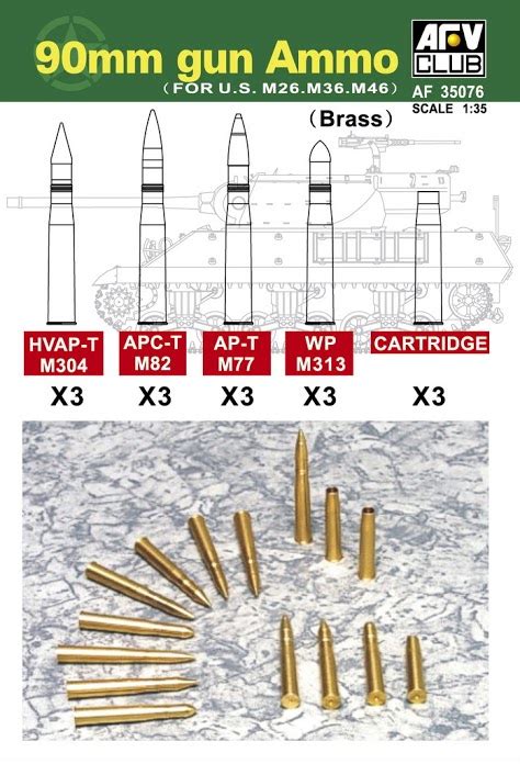 Af35076 90mm Gun Ammo For M26 M36m46 Brass Afv Club Aandc