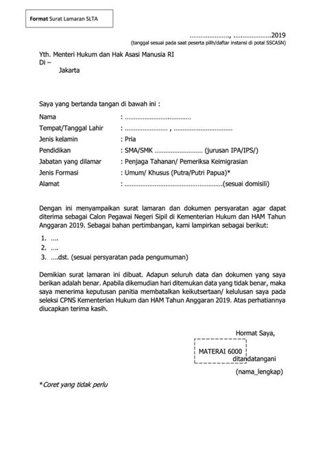 Tahap pengumuman ini setelah seleksi kemampuan. Contoh Surat Lamaran Cpns Kemenkumham 2019 - Kumpulan ...