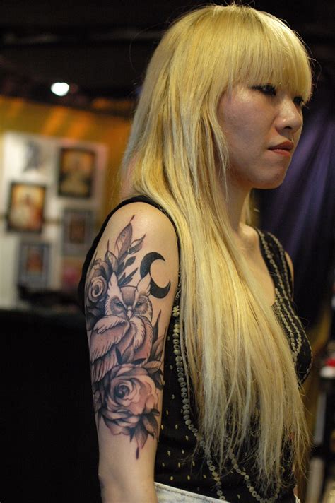 Owl With Roses Black And Gray Tattoo On Upper Sleeve Girl Tattoo By