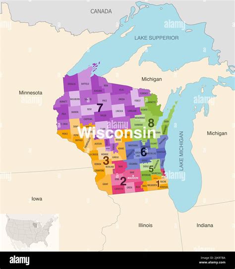 Wisconsin State Counties Colored By Congressional Districts Vector Map