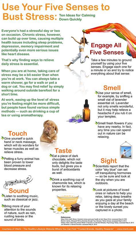 Use Your Five Senses To Bust Stress Infographic How To Relieve Stress Chronic Stress