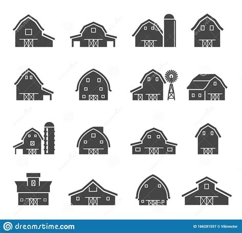 Rural Barn Building Silhouettes Glyph Icons Set Stock Vector