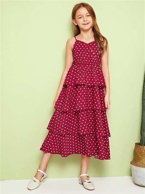 Shein Girls Polka Dot Print Layered Ruffle Hem Slip Dress Kids Summer