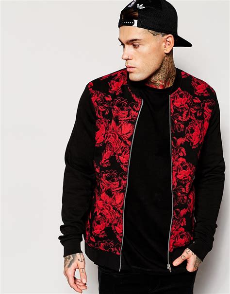 Asos Bomber Jacket In Jersey With Floral Printed Front In Red For Men