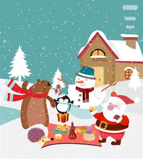 Christmas Background Design With Cute Animals And Santa Vectors Graphic