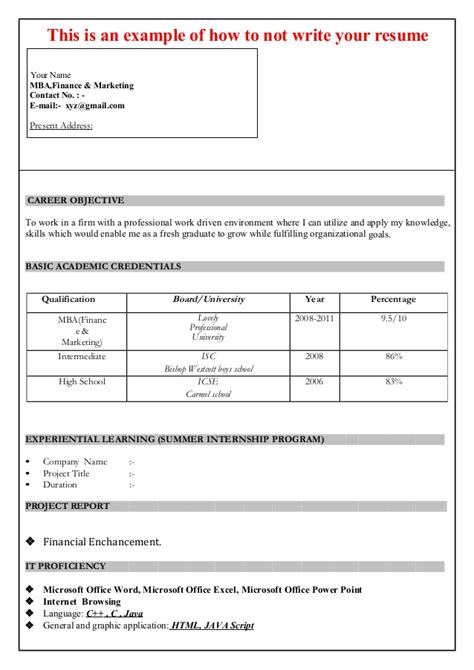 Resume formats for every stream namely computer science, it, electrical, electronics, mechanical, bca, mca, bsc and more with high impact content. MBA Resume Sample Format