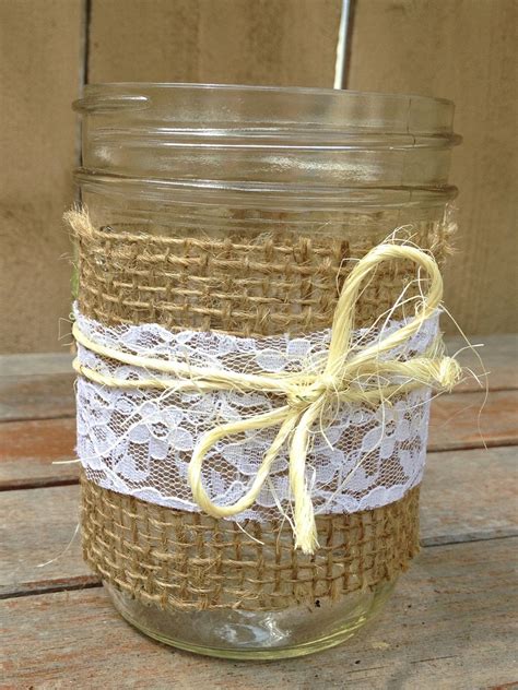 Set Of 3 Burlap Lace And Twine Mason Jars For Decor At A Wedding