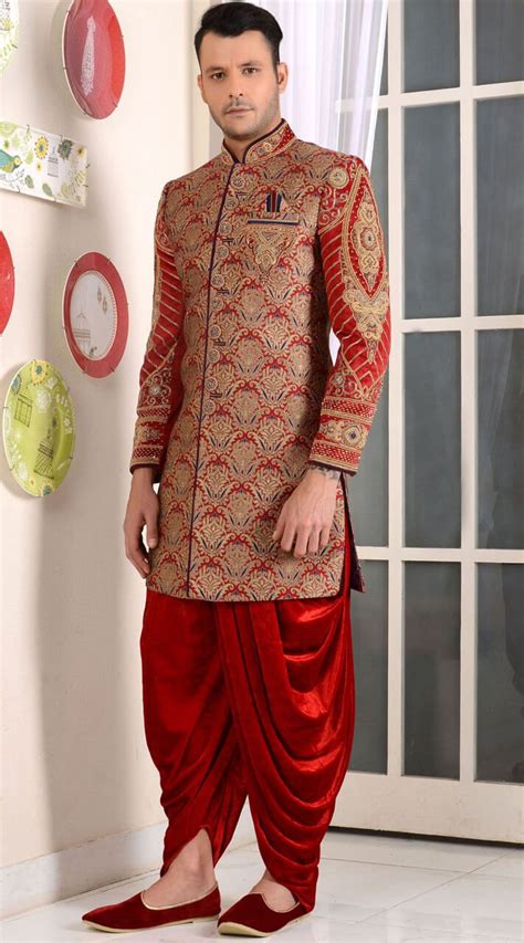 snazzy red jacquard wedding dhoti sherwani indian wedding clothes for men wedding outfit men