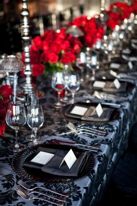 Classic designs of red roses with an accent of black & white damask made this wedding. Pin by Liseth Rosales on Red themed | Black and white ...