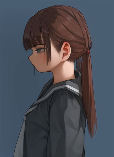 1girl Absurdres Brown Hair Closed Mouth Facing To The Side Grey Eyes Highres Looking Down