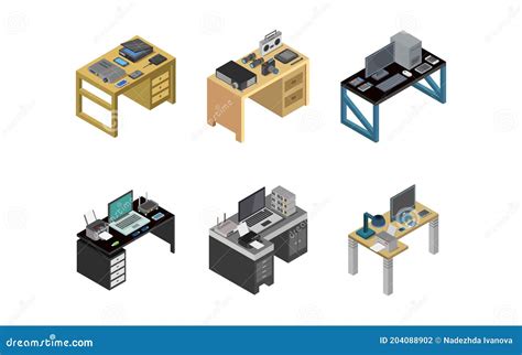 Isometric Office Desk Set Vector Illustration Stock Illustration