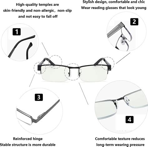 hubeye 2 pairs half frame reading glasses for men spring hinged non slip metal semi rimless blue