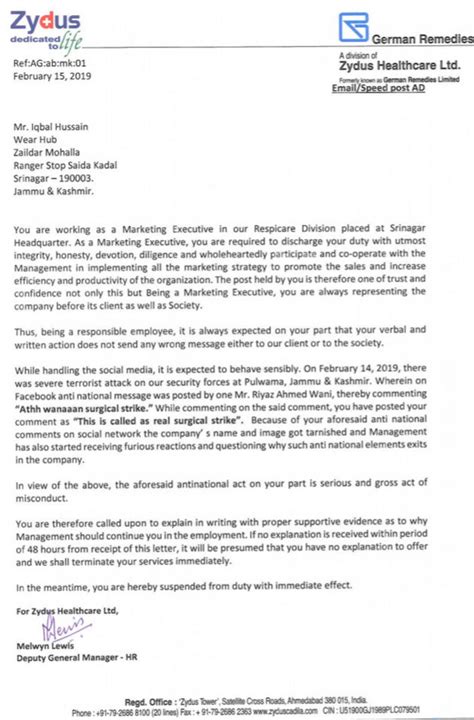 Sample of show cause letter due to falsifying medical certificate date: Zydus Cadila and Macleods Pharma suspend Kashmiri ...