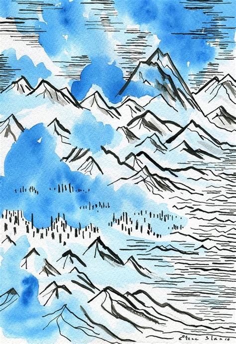 Blue Abstract Mountains Art Print Landscape Painting Contemporary
