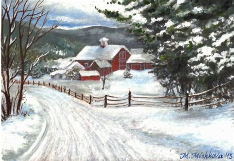 Aceo Original Painting Winter In Appalachian Mountains Snowy Cottage
