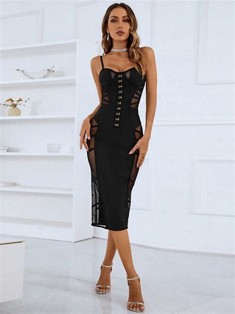 Black Midi Bandage Dress 2022 Women Sexy Spaghetti Strap Club Party Bodycon Dress Summer Fashion