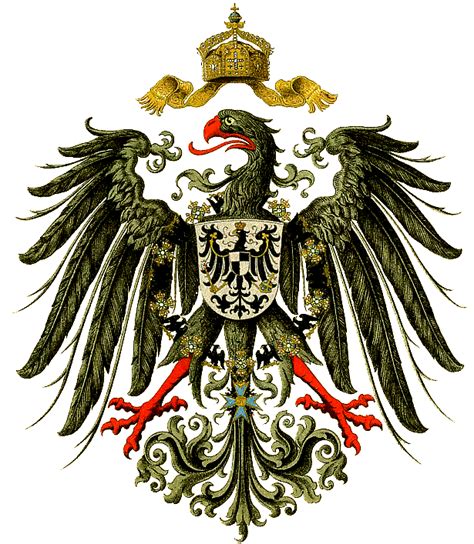 德意志第二帝国国徽，红爪红嘴、双翼展开，持盾黑鹰，黑色代表力量和勇气