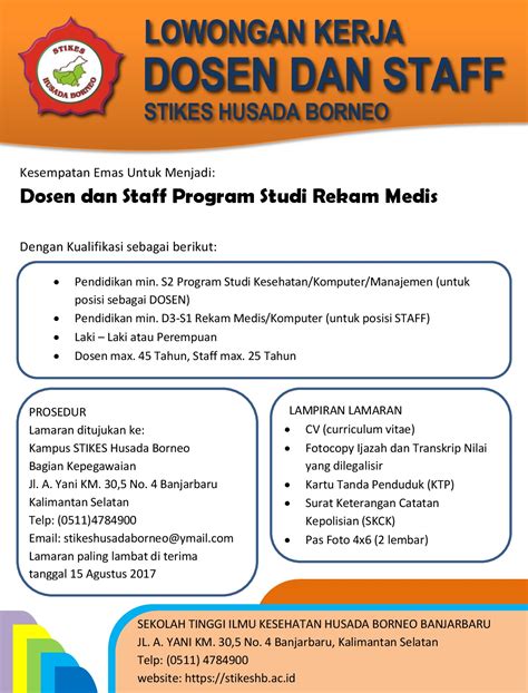 Biasanya akan ada loker terbaru area tulungagung setiap bulannya, bisa saja untuk lulusan smp, sma, smk, diploma d1, d2, d3, sarjana s1, s2 dan mungkin juga s3, dengan rentang gaji yang. Lowongan Kerja Dosen dan Staff Stikes Husada Borneo | STIKES HUSADA BORNEO BANJARBARU