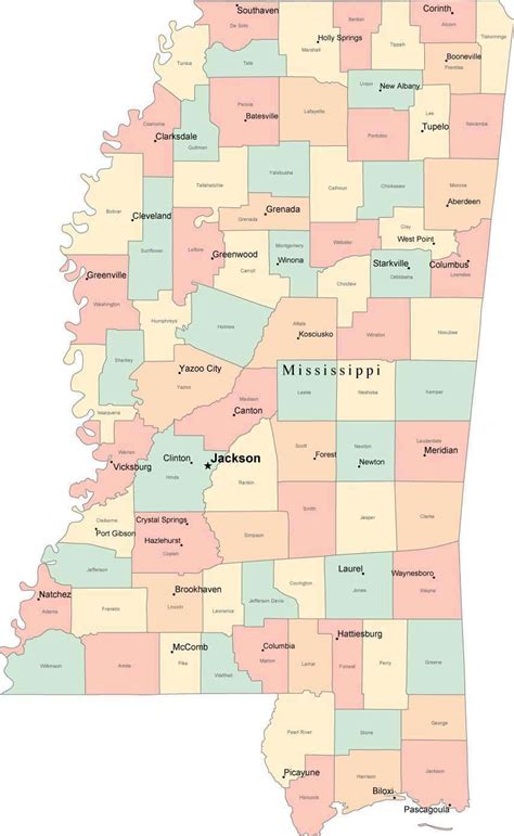 Multi Color Mississippi Map With Counties Capitals And Major Cities