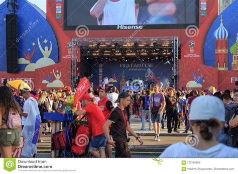 moscow russia june 28 2018 football fans from different countries against main stage of