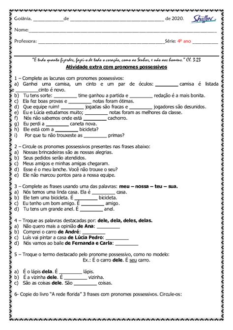 Língua Portuguesa pronomes possessivos Atividade de língua portuguesa