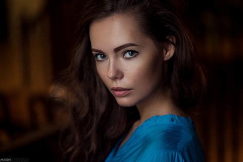 Women Model Face Brunette Blue Eyes Maxim Guselnikov Looking At Viewer Portrait Closeup