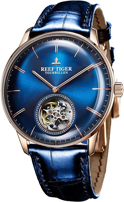 Reef Tiger Rga1930 Men Luxury Brand Tourbillon Watch Blue Dial Rose Gold Automatic