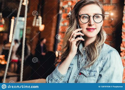 Young Businesswoman Has Telephone Conversationscheerful Girl Blogger