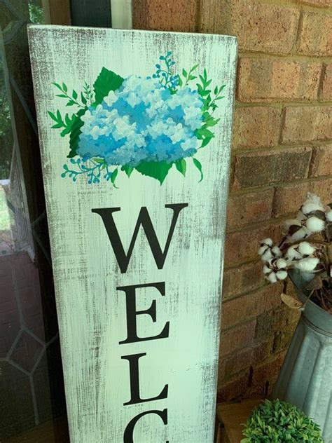4 Hand Painted Hydrangea Welcome Porch Sign Vertical Etsy Porch