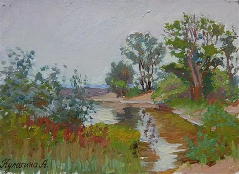 Original Oil Painting Summer River Landscape By Ukrainian Artist Signed