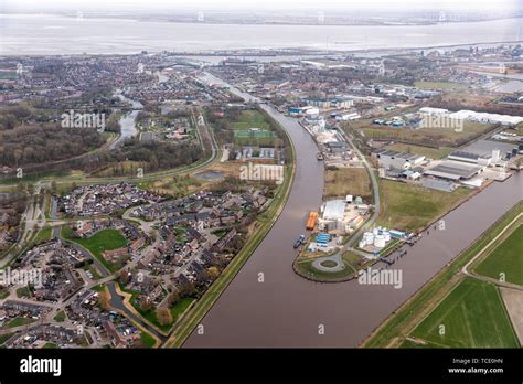 Aerial View Dutch Residential Area Delfzijl With Channel And Harbor