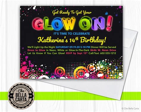 Glow Neon Black Light Party Customized Printable Invitation Etsy