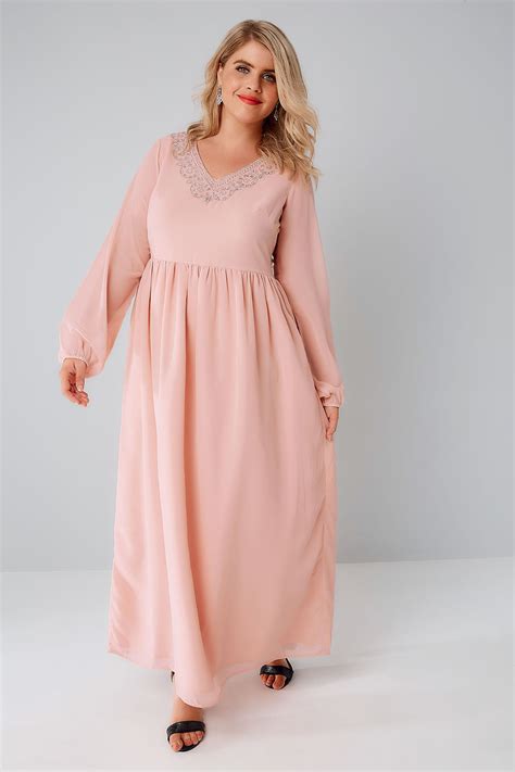Blush Pink Chiffon Maxi Dress With Embellished V Neckline Plus Size 16