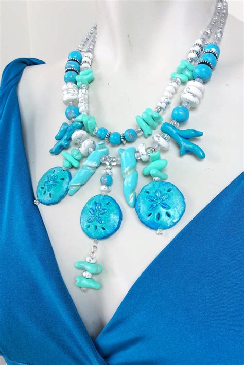 Turquoise Coral Beach Jewelry Set Blue Shell Statement Necklace And