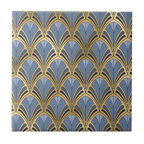 Art Deco Vintage Floral Fan Pattern Blue Gold Ceramic Tile
