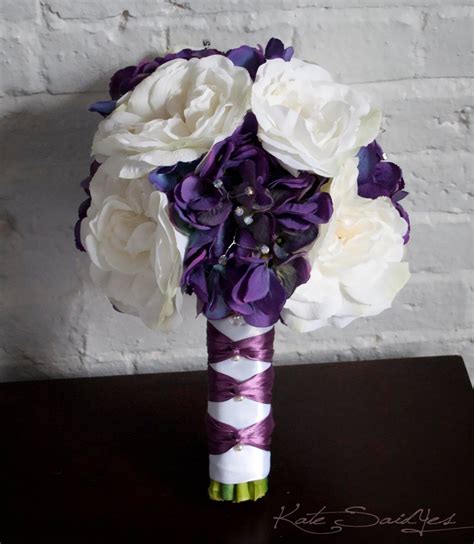 Wedding Bouquet Purple Hydrangea And White Rose Silk Wedding Etsy In