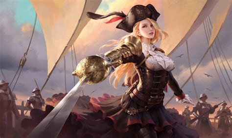 Gold Sword Weapon Long Hair Wind Pirate Hat Drawing Blue Eyes Pirates Skirt