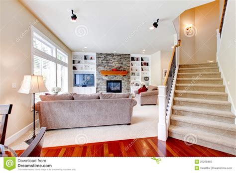 Luxury Large Beige Living Room With Staircase Stock Image Image Of