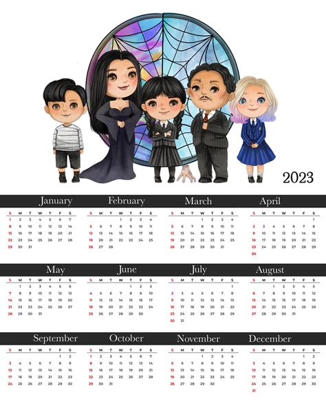 Free Printable 2023 Wednesday Addams Calendar The Cottage Market Cute