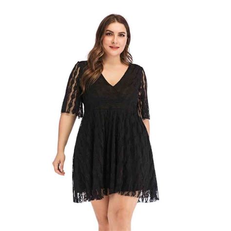 Plus Size Black V Neck Lace Insert Mini Skater Dress With Sleeves Apricus Fashion Premiere