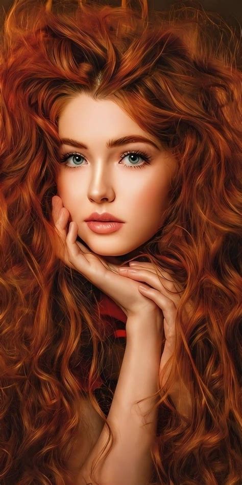 A Painting Of A Woman With Long Curly Red Hair And Blue Eyes Posing
