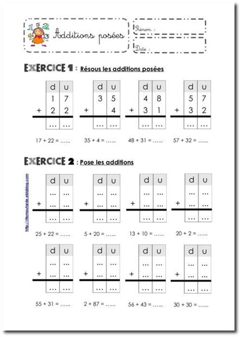 Bilan technique de la soustraction posée en colonne. Fiches Additions posées sans retenue | Mathematique ce1 ...