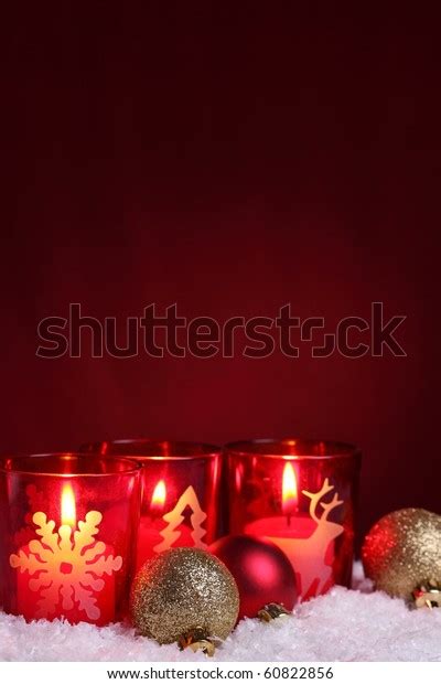 Burning Candles Christmas Setting Seasonal Decorations Stock Photo