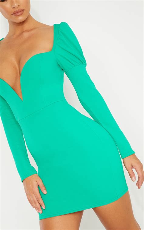 Green Puff Shoulder Deep Plunge Dress Prettylittlething Usa