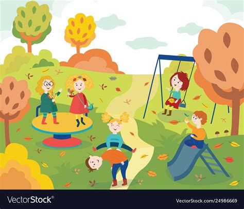 Cheerful Children Playing Outdoors In Autumn Park Vector Image