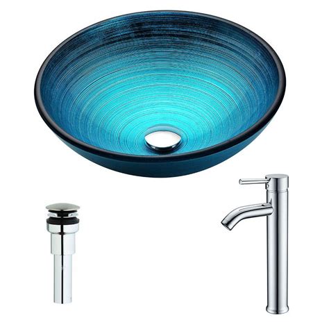 Anzzi Enti Series Deco Glass Vessel Sink In Lustrous Blue With Fann